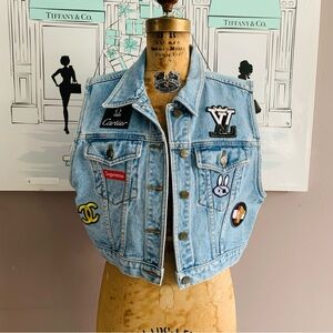 Vintage Upcycled luxury Designer Patch Denim Vest, size Medium